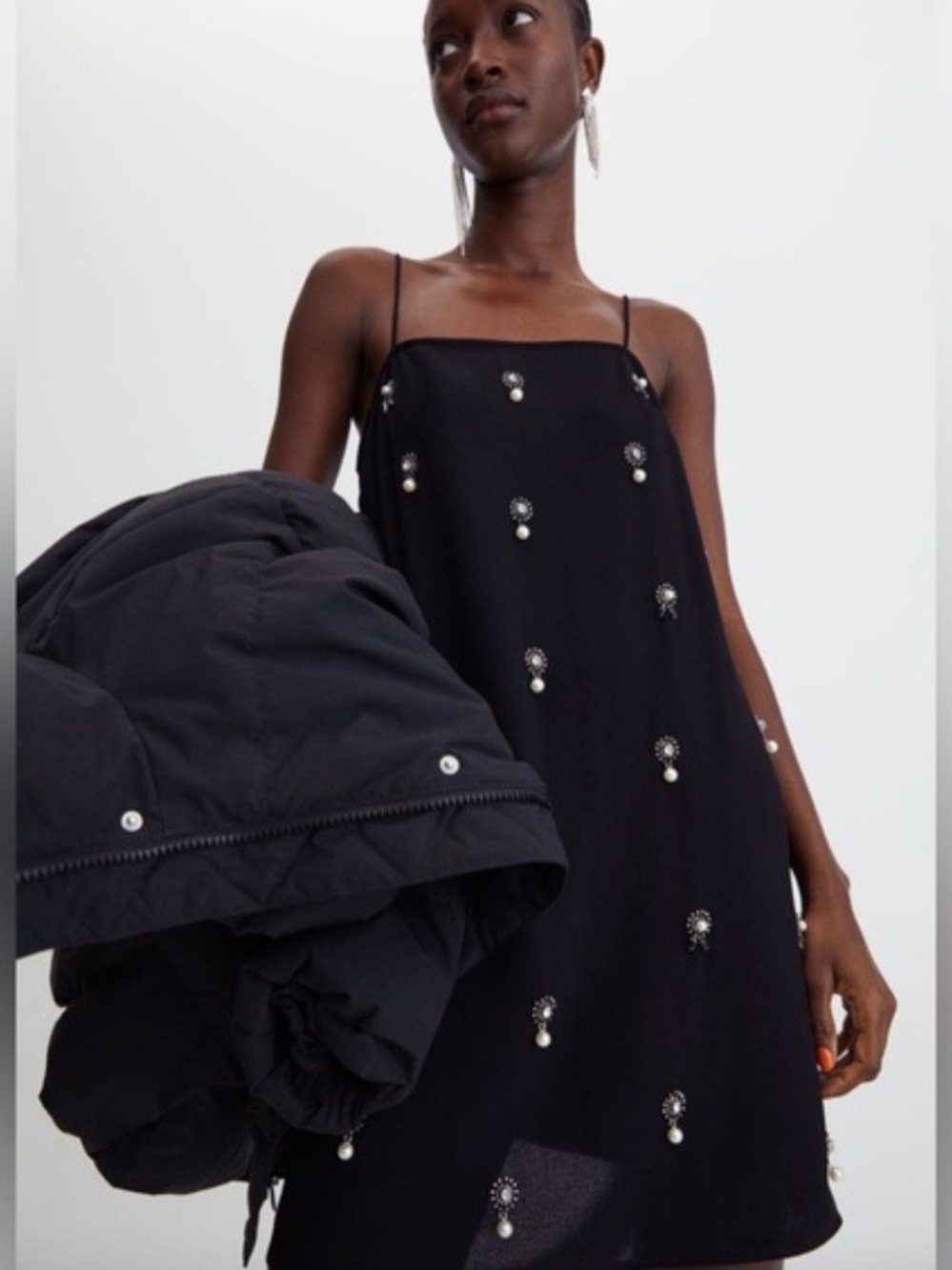 H&M Black Embellished Mini Slip Dress with Pearl Accents